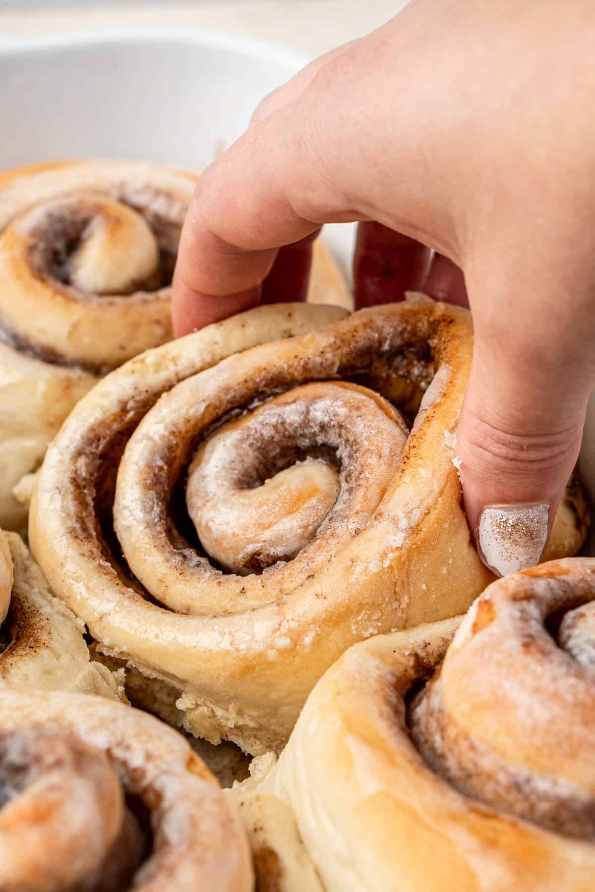 A hand picking up a vegan cinnamon roll.