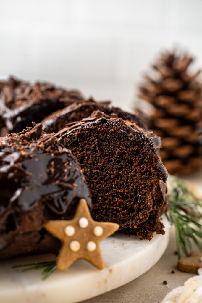 The chocolate gingerbread bundt cake sliced.