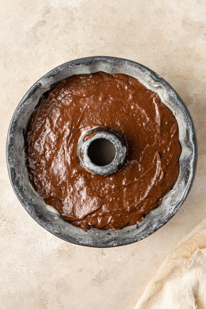 The cake batter in the bundt pan.