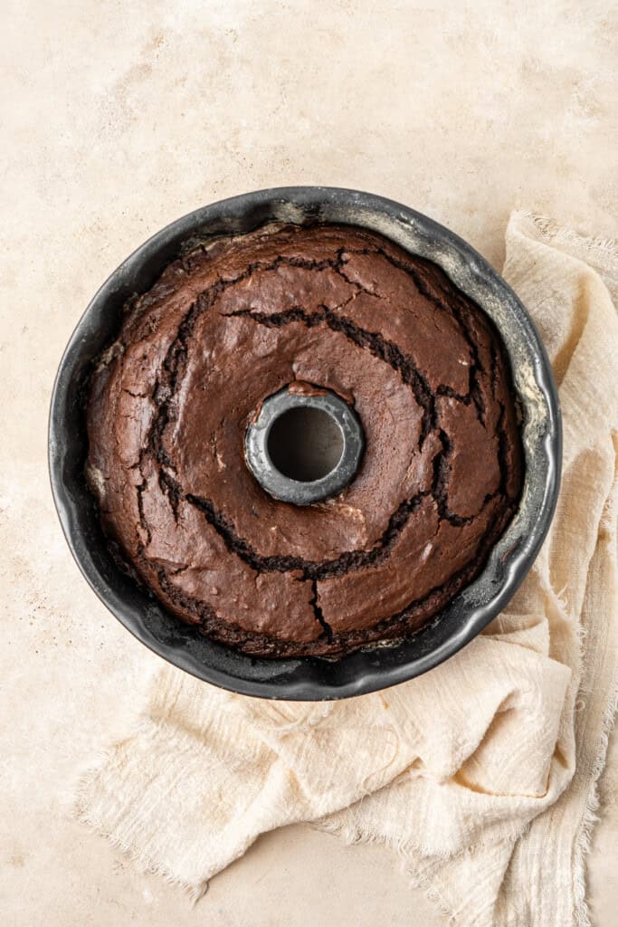 The cooked cake in the bundt pan.