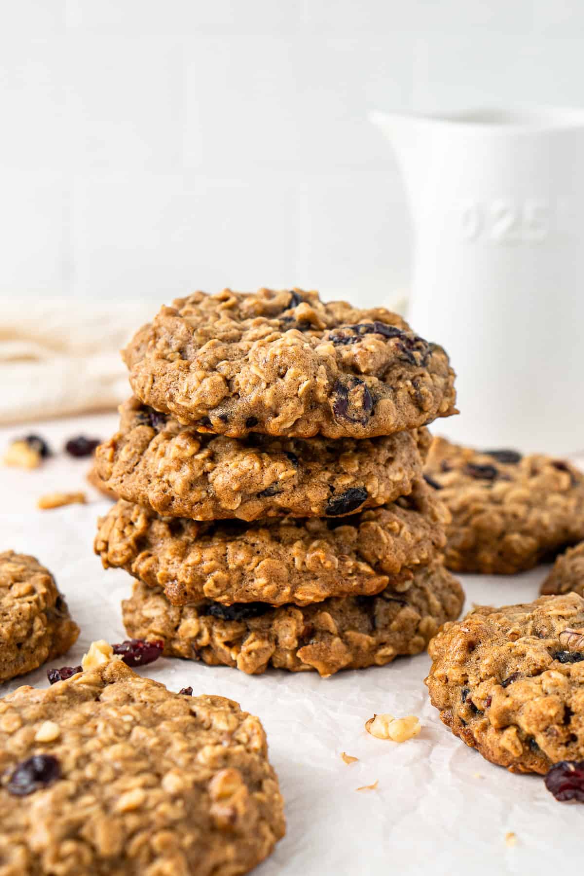 Four of the thick oatmeal cookies stacked. 