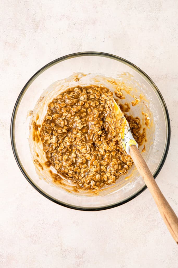 Mixing in the dry ingredients to the bowl with a spatula. 