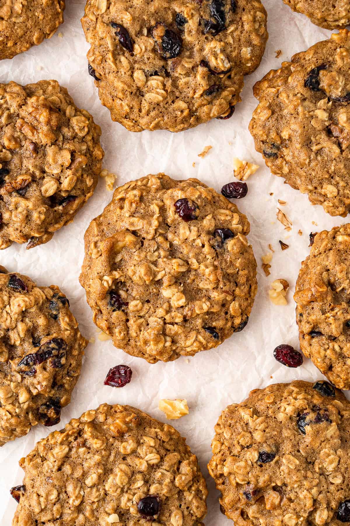 Cranberry walnut oatmeal cookies laid out.