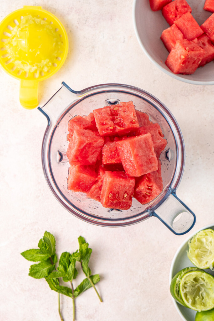 Cubed watermelon in a blender.