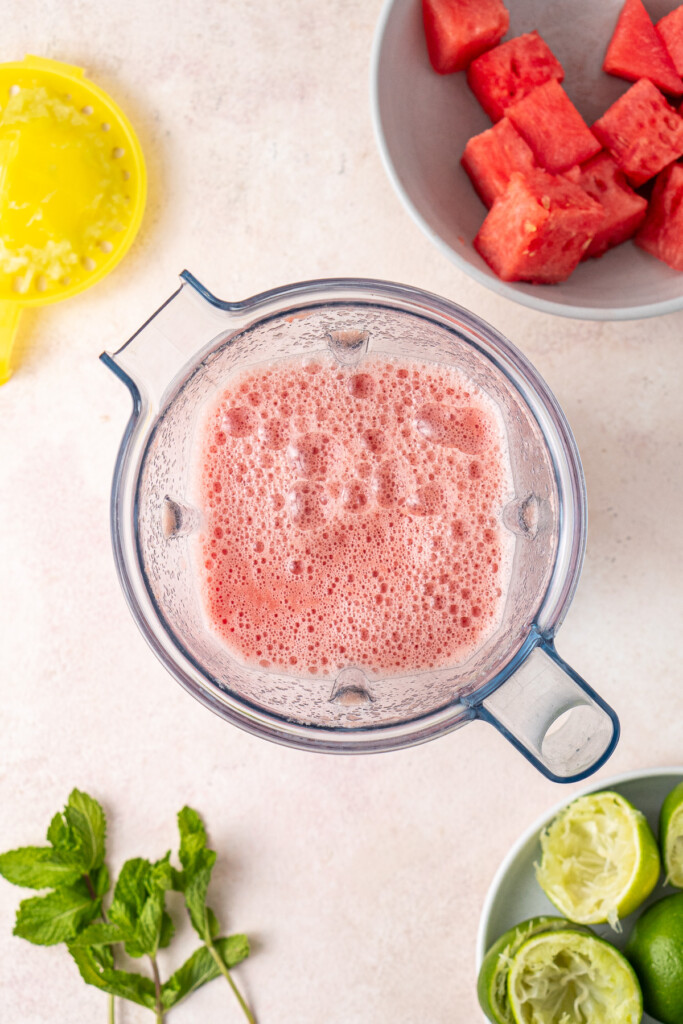 Juiced watermelon in a blender.