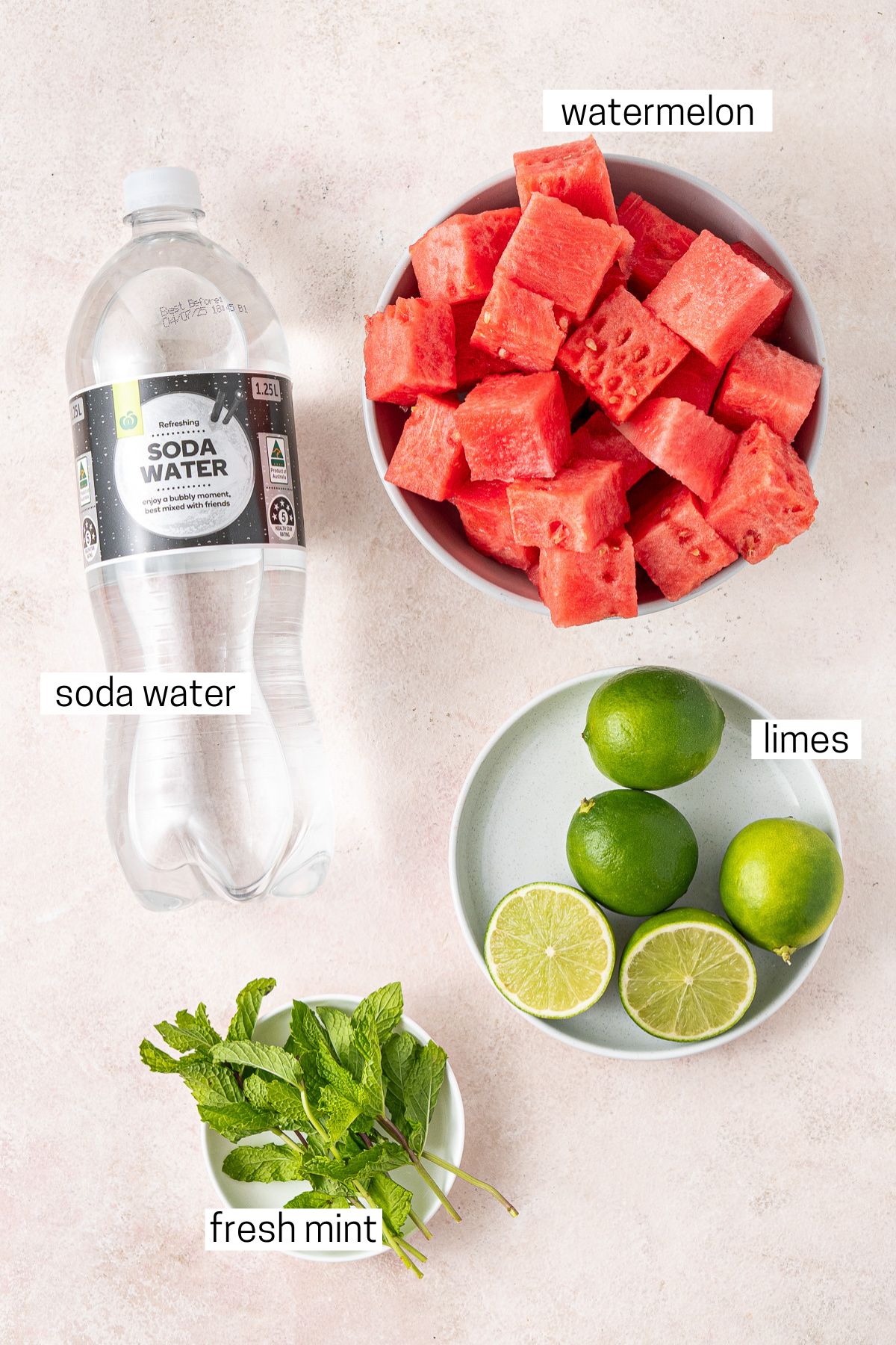 All ingredients needed for watermelon lime mocktails laid out.