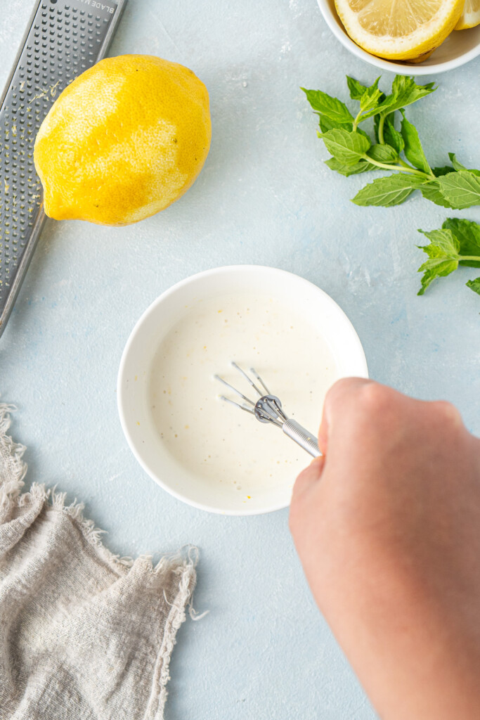 Mixing up the lemon mayo sauce.