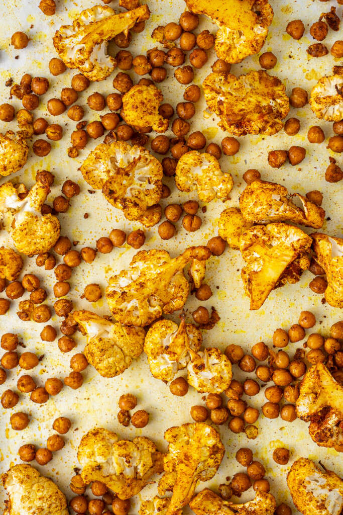 Close up of the roasted chickpeas and cauliflower. 