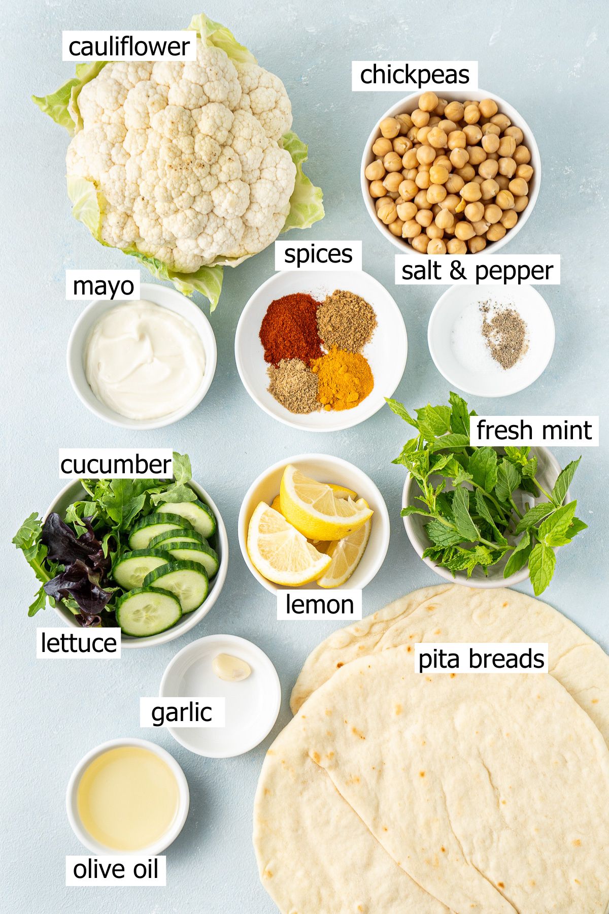 All ingredients needed to make cauliflower and chickpea shawarmas.