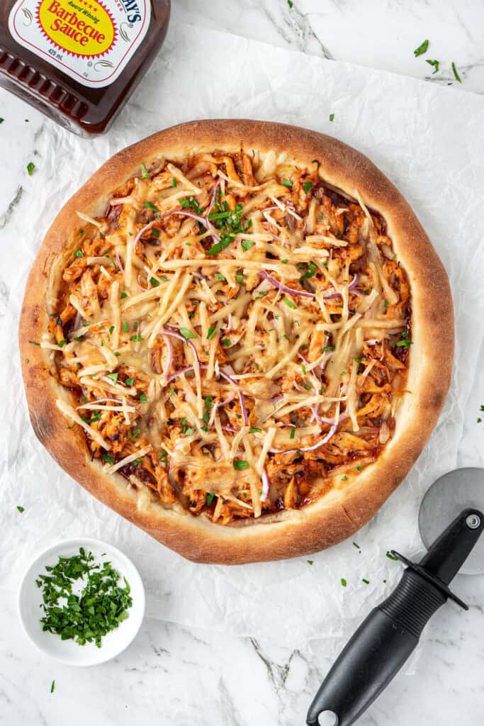 Freshly baked BBQ chicken Pizza.