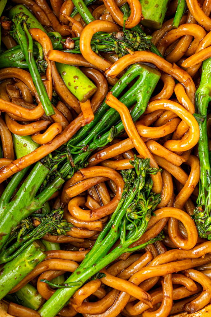 Close up of the noodles and broccolini