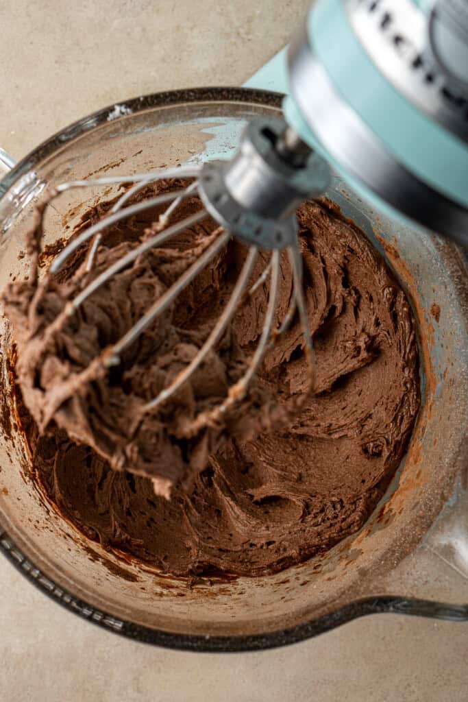 Chocolate orange buttercream in a stand mixer.