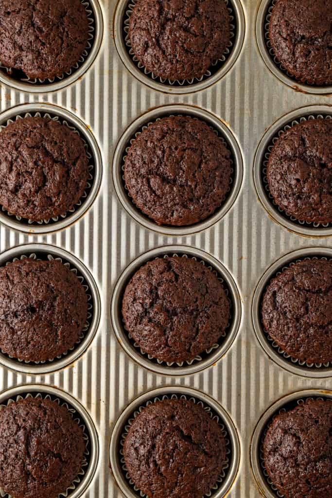 Close up of cooked chocolate orange cupcakes in a baking tray.