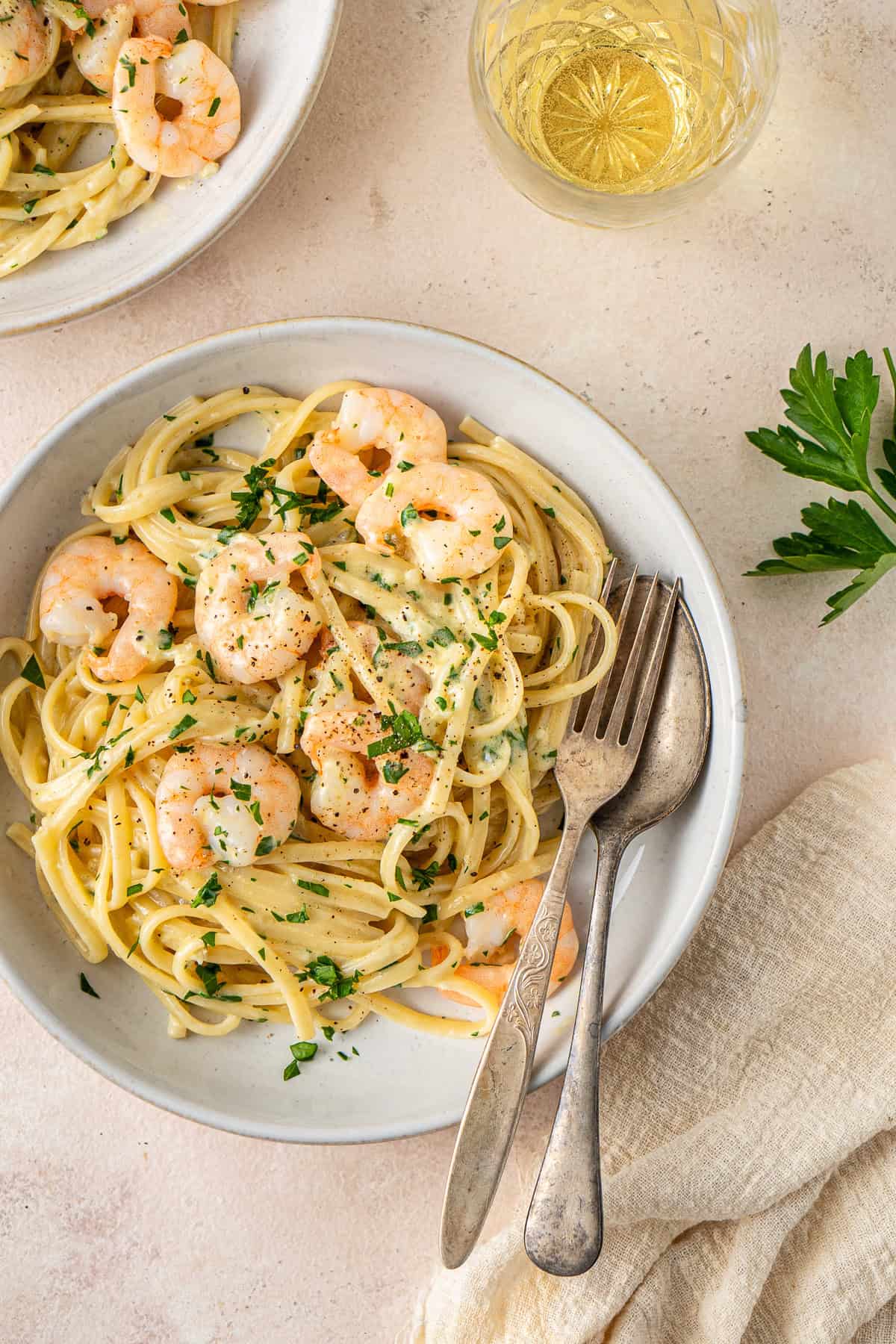 The 15 minute creamy dairy free prawn pasta served into bowls.