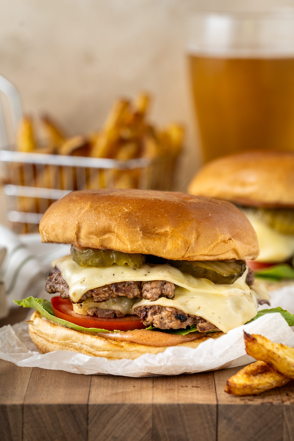 Smash burger with oven baked chips.