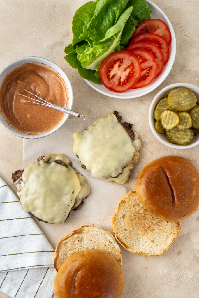 All ingredients needed to assemble the burgers.