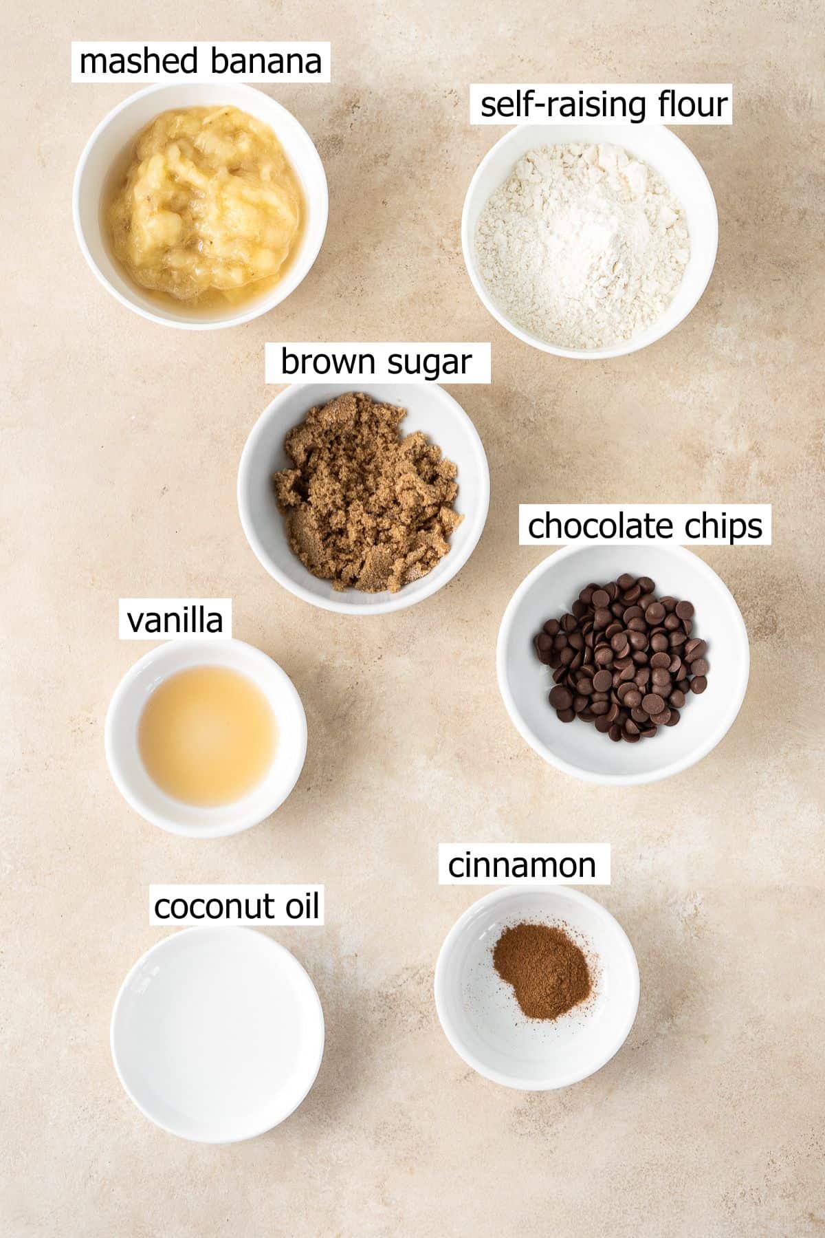 All ingredients needed to make a banana mug cake laid out.