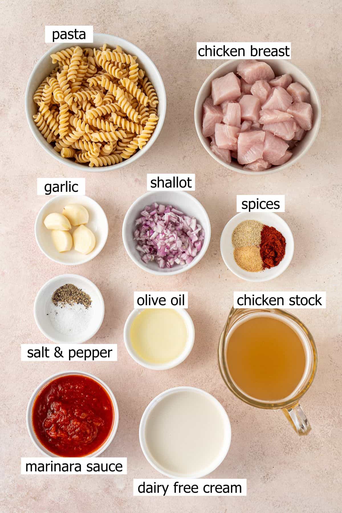 All ingredients to make one pot creamy tomato chicken pasta.