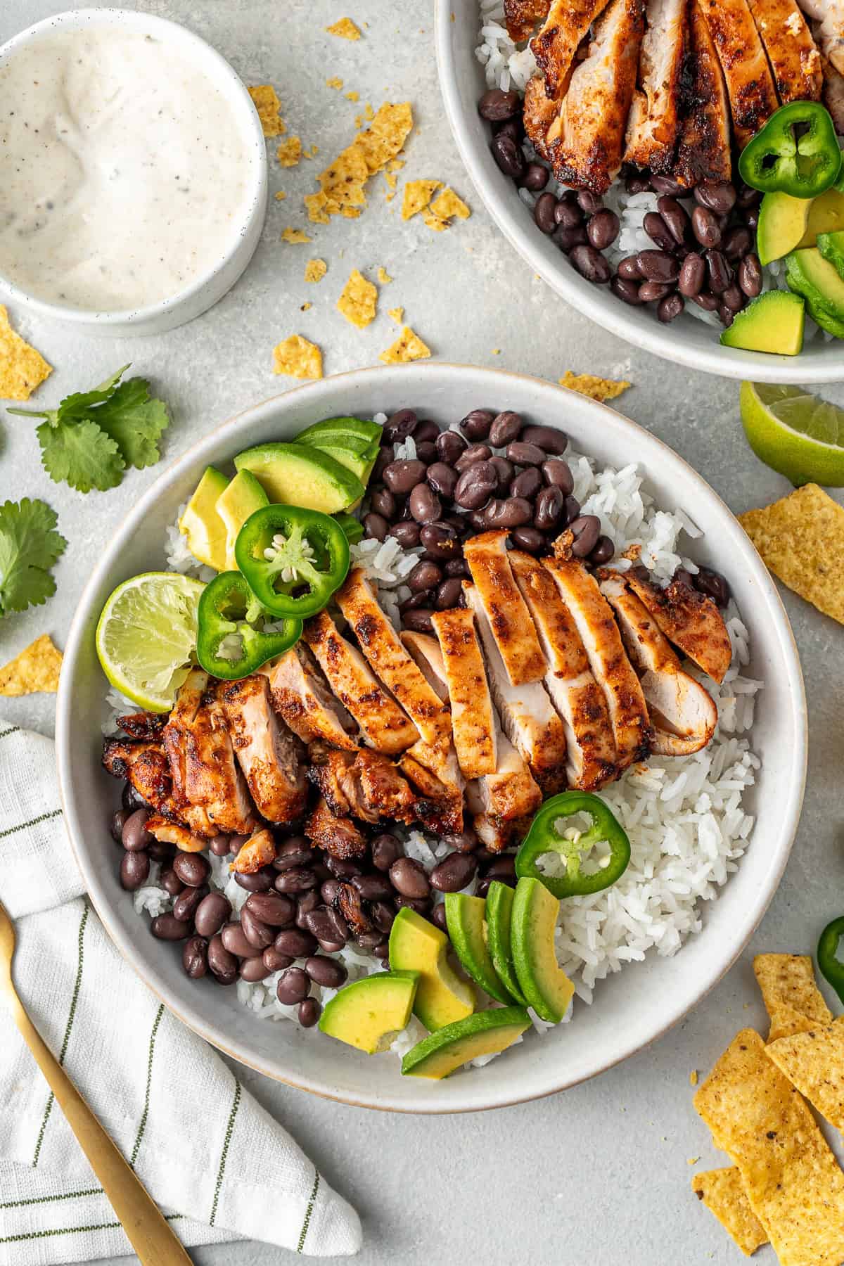 The assembled chipotle chicken burrito bowls.