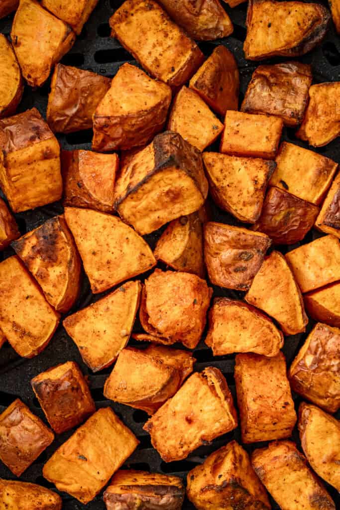 Close up of cooked, air fried sweet potatoes.