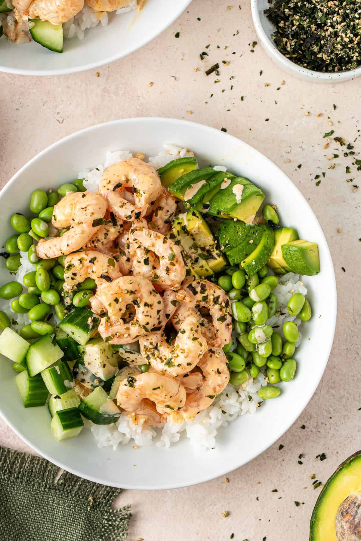 Close up of the assembled spicy mayo prawn and rice bowl.