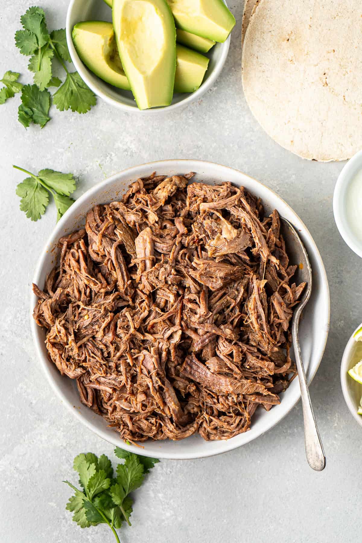 Close up of shredded mexican beef in a bowl ready to serve.