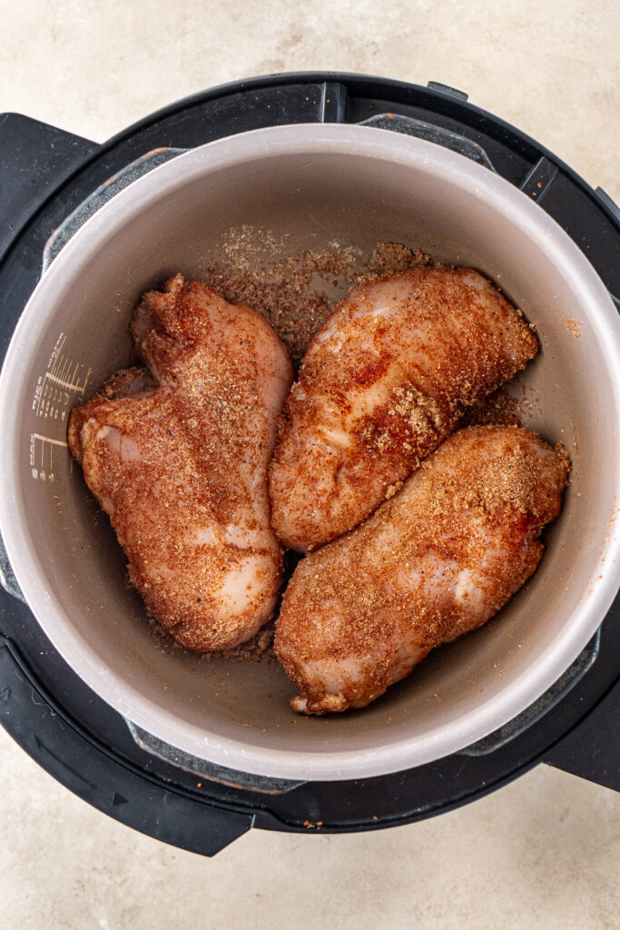 Adding the spices to the chicken breast in the slow cooker.