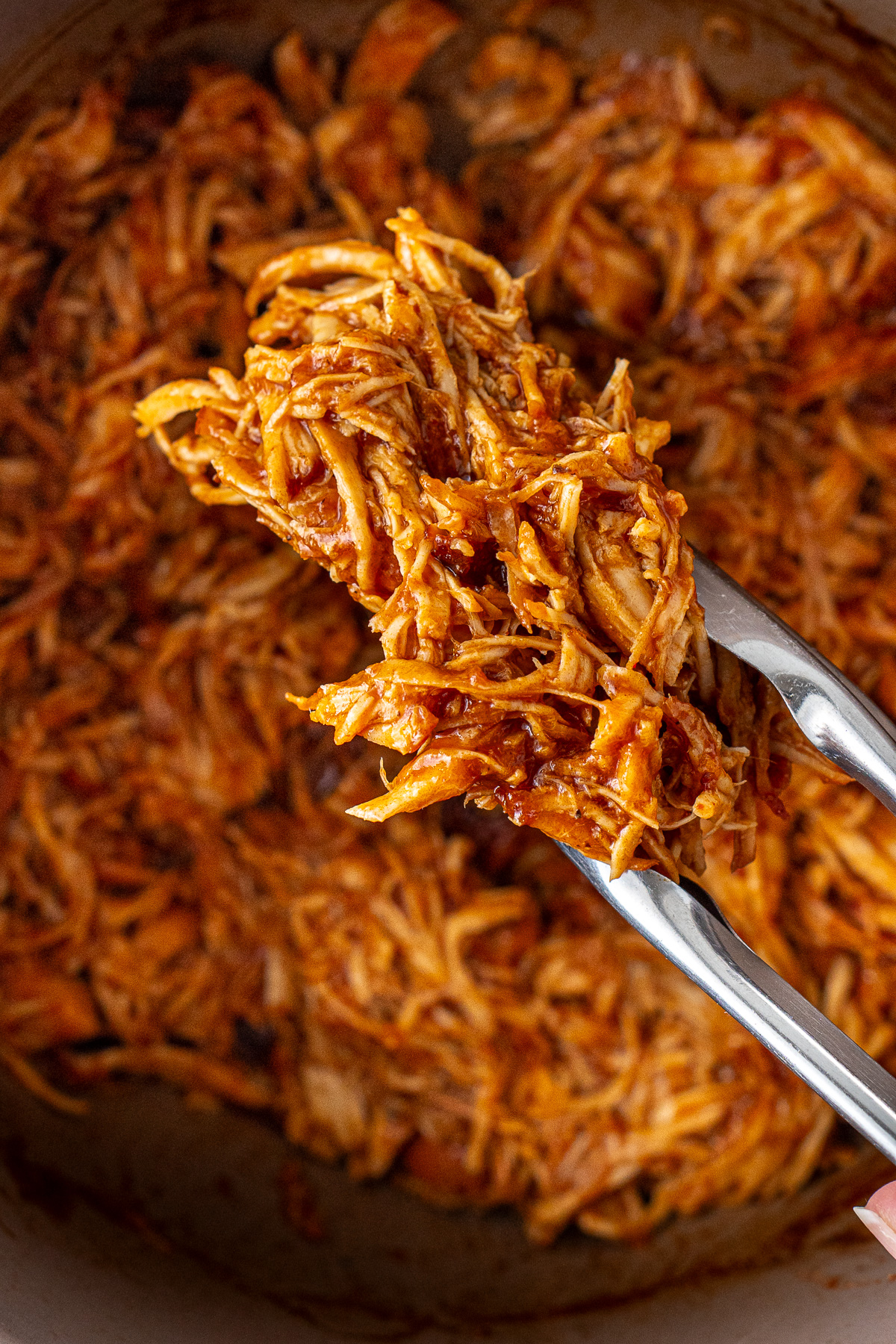 Close up of pulled BBQ chicken in tongs.