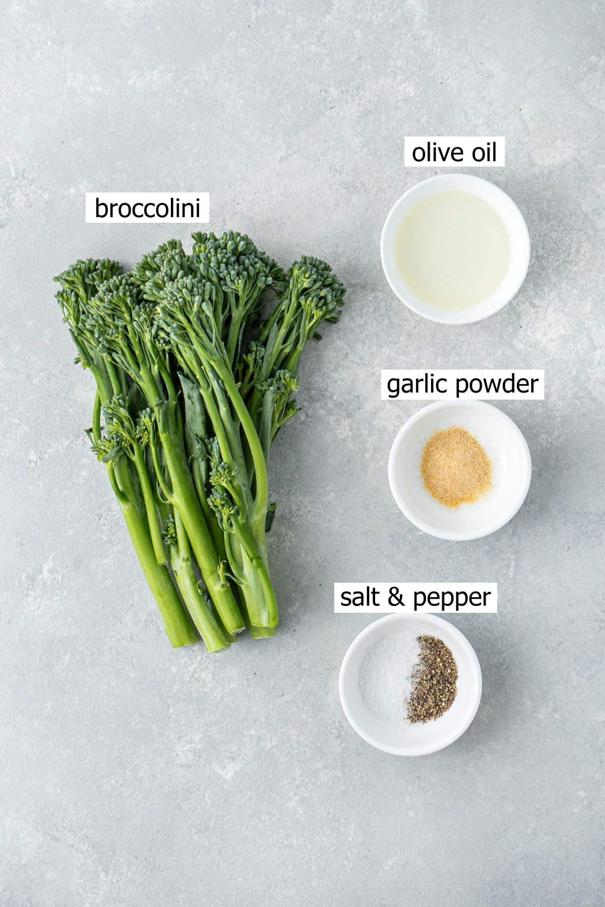 All ingredients needed to make air fryer broccolini laid out.