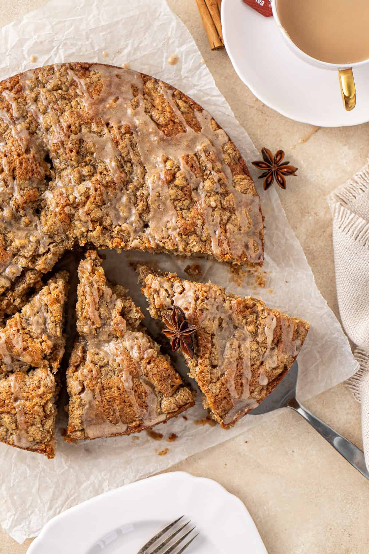 Taking a slice of dairy free chai tea cake.