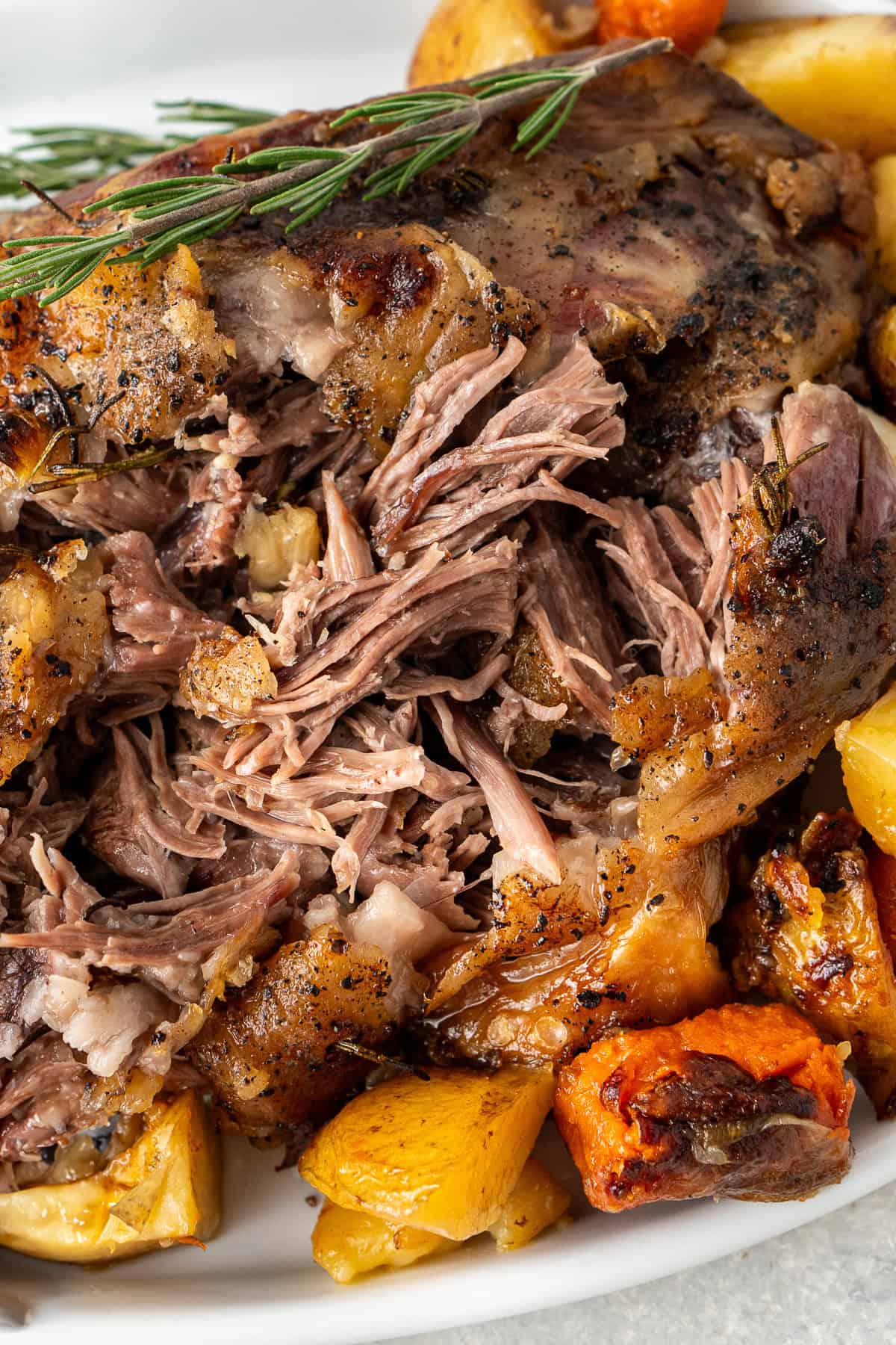 Close up of shredded, tender lamb shoulder with vegetables.