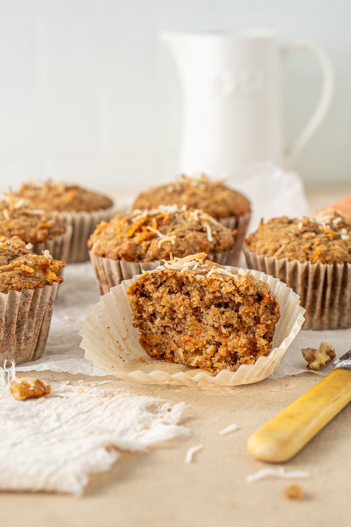 Close up of a muffin cut in half.