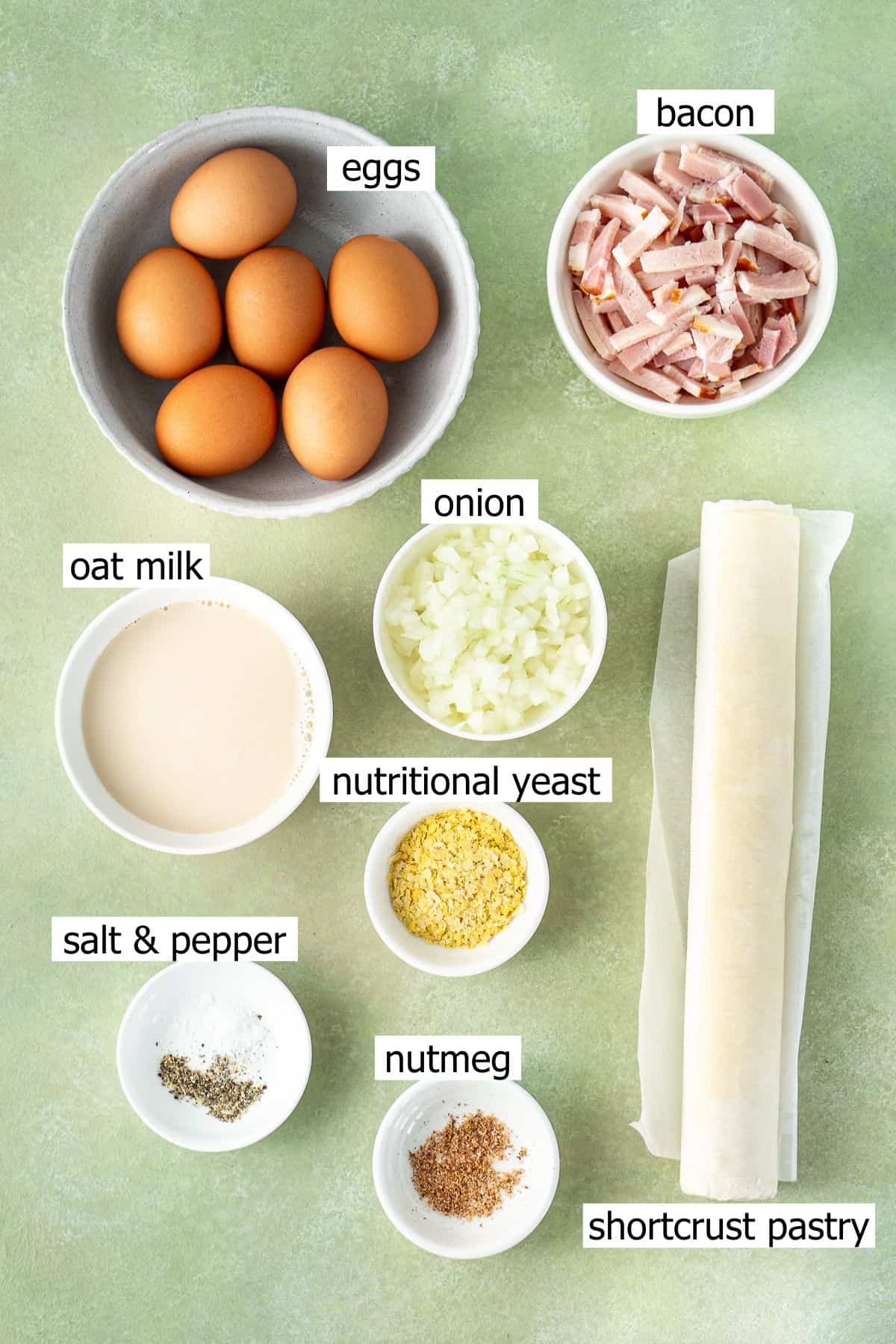 All ingredients needed to make dairy free quiche laid out.