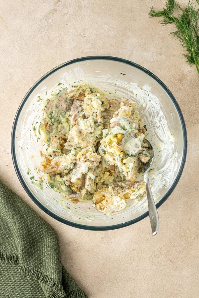 The mixed smashed potato salad.