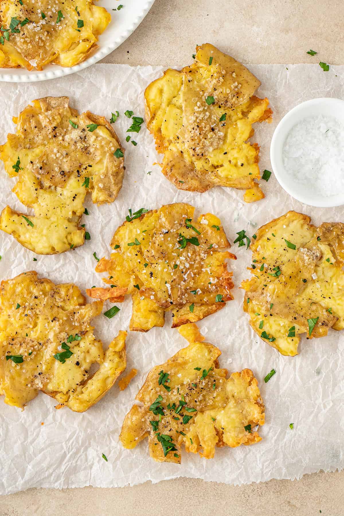 The smashed potatoes with parsley and flaky sea salt.