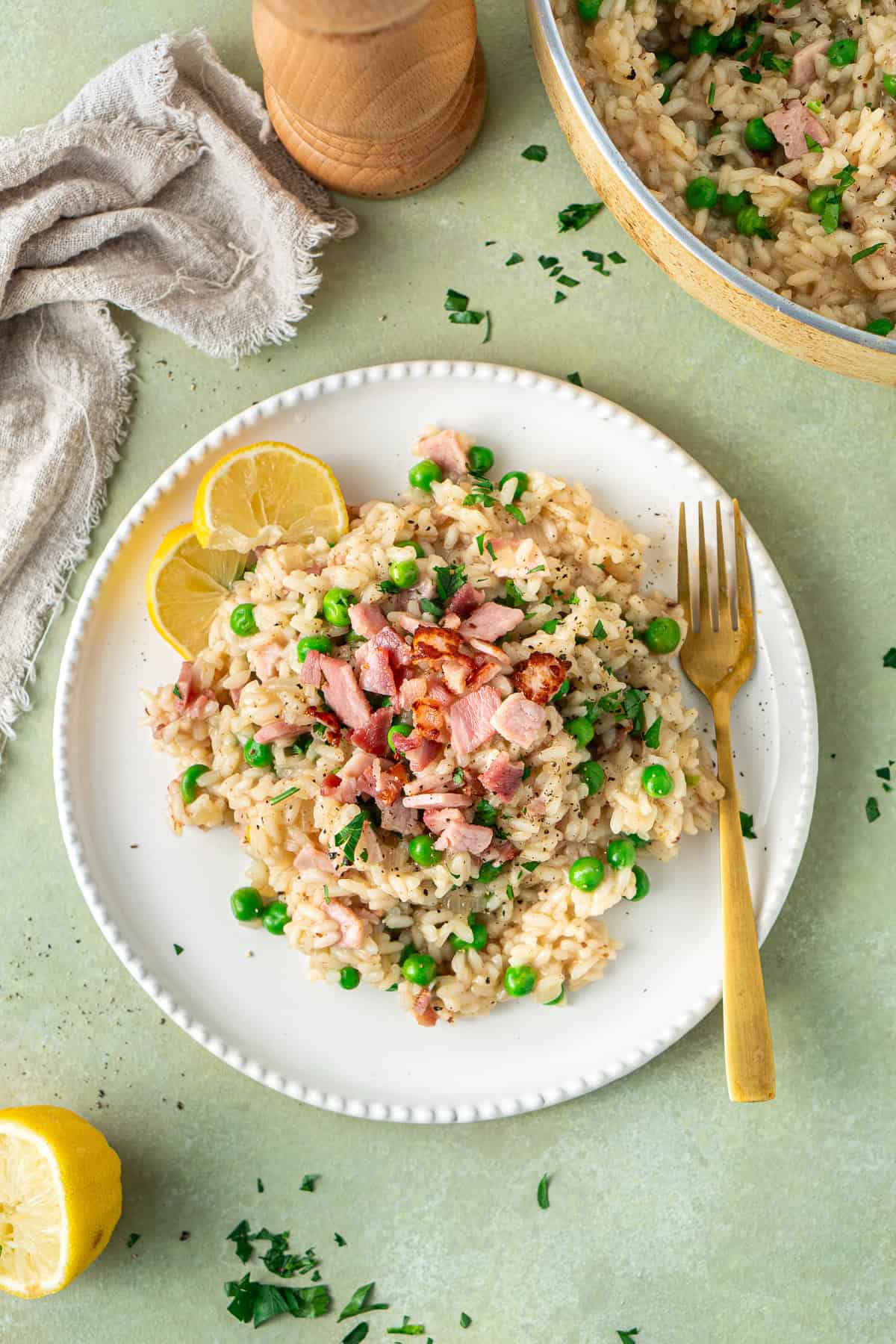 A plate of easy pea and bacon risotto.