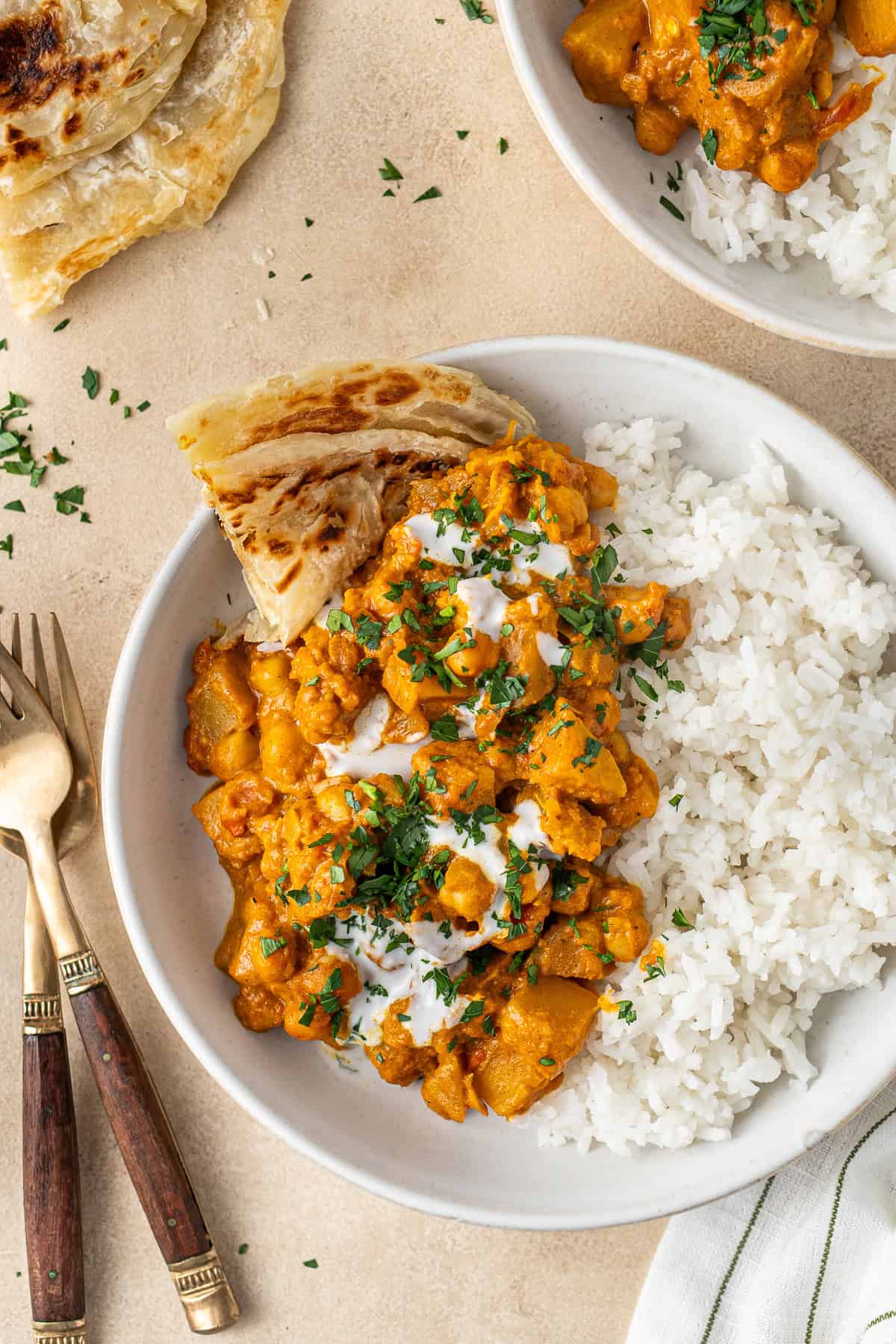 Close up of pumpkin and chickpea curry in a bowl with rice and roti.