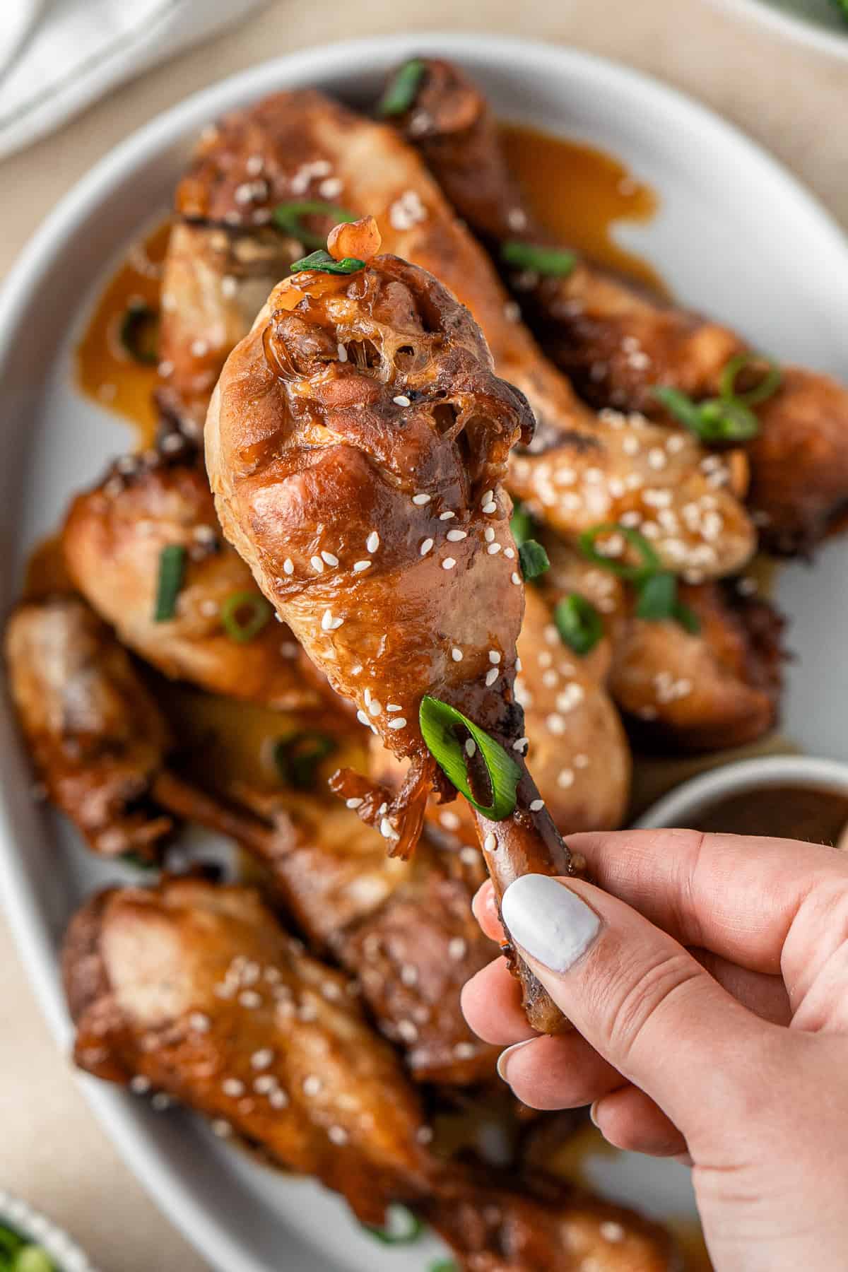 A hand holding a chicken drumstick.