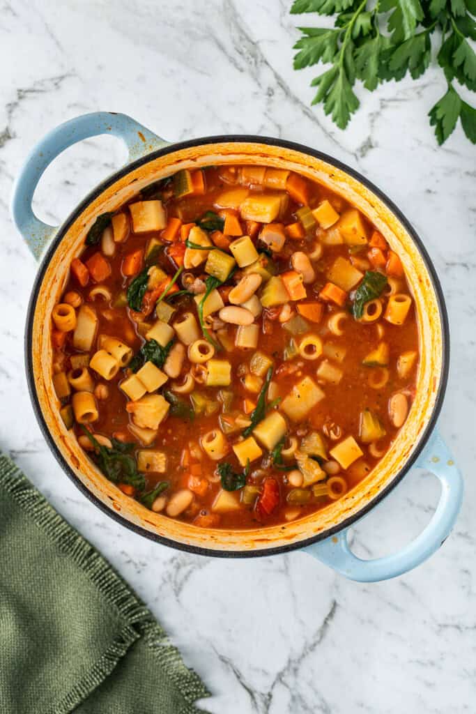 The finished minestrone soup in the pot.