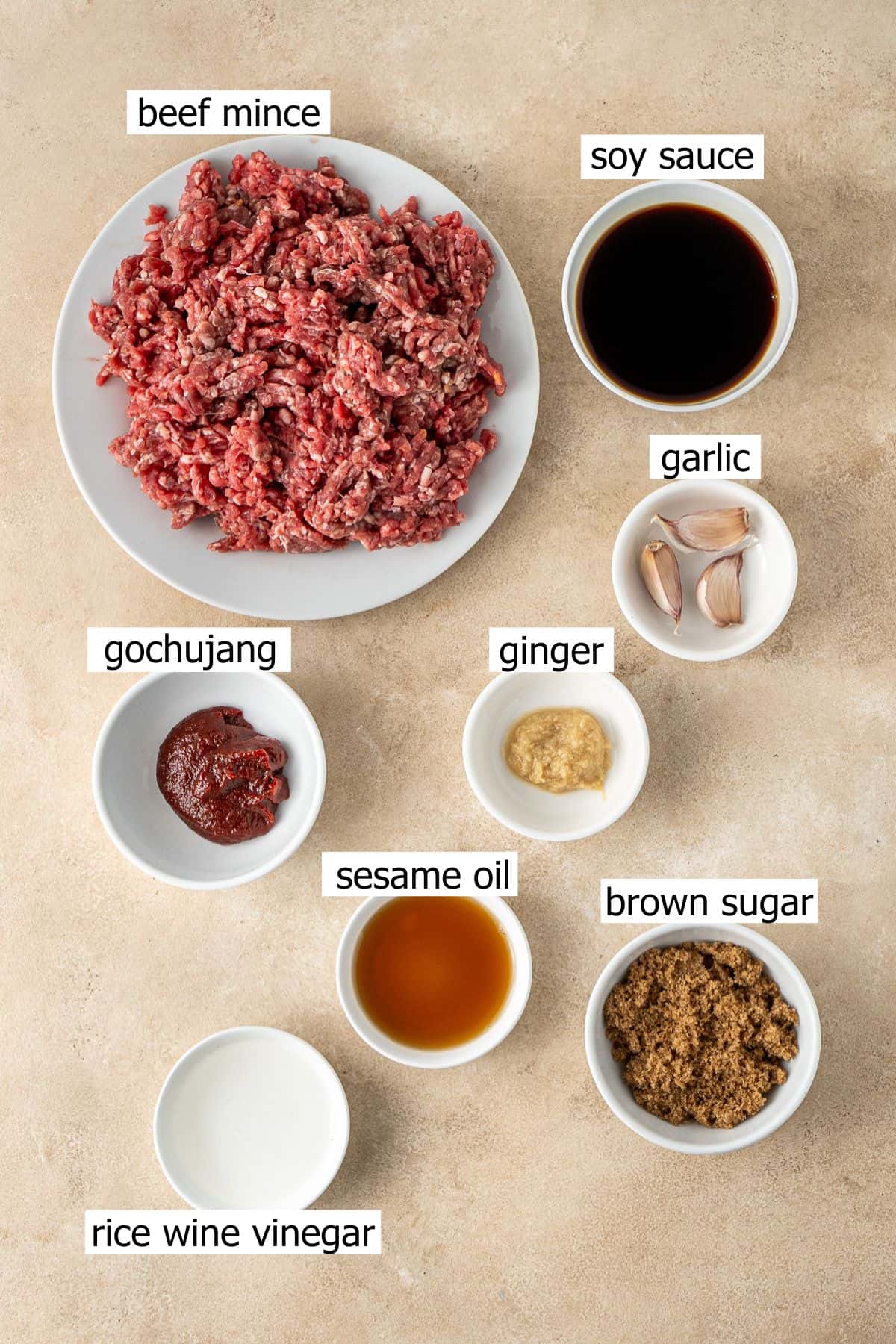 All ingredients needed to make Korean style beef mince.