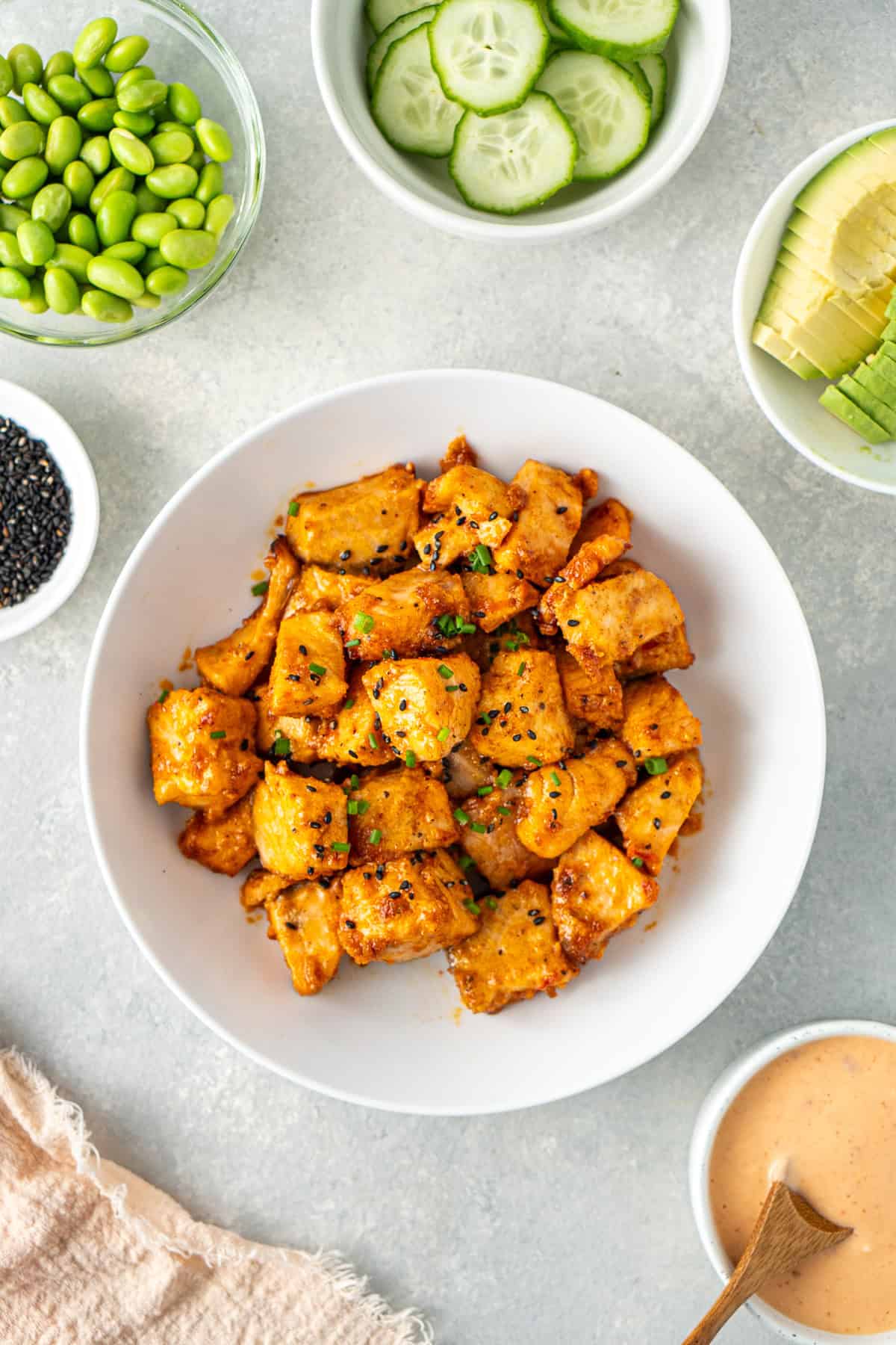 Bang bang salmon in a bowl ready to serve.