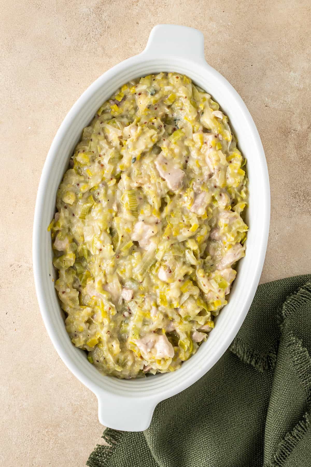 The cooled filling in the oval pie dish.