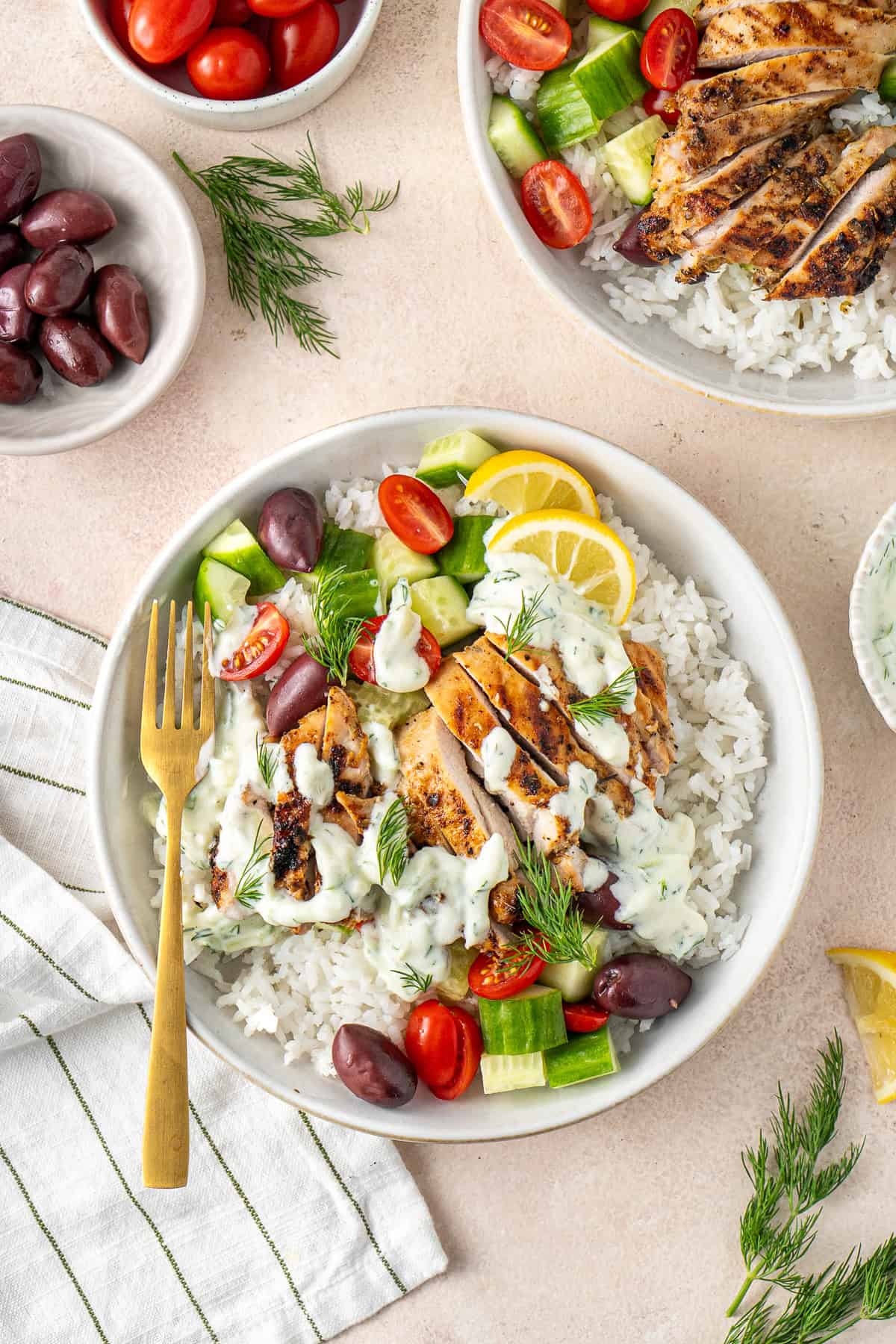 Greek chicken bowls with rice.