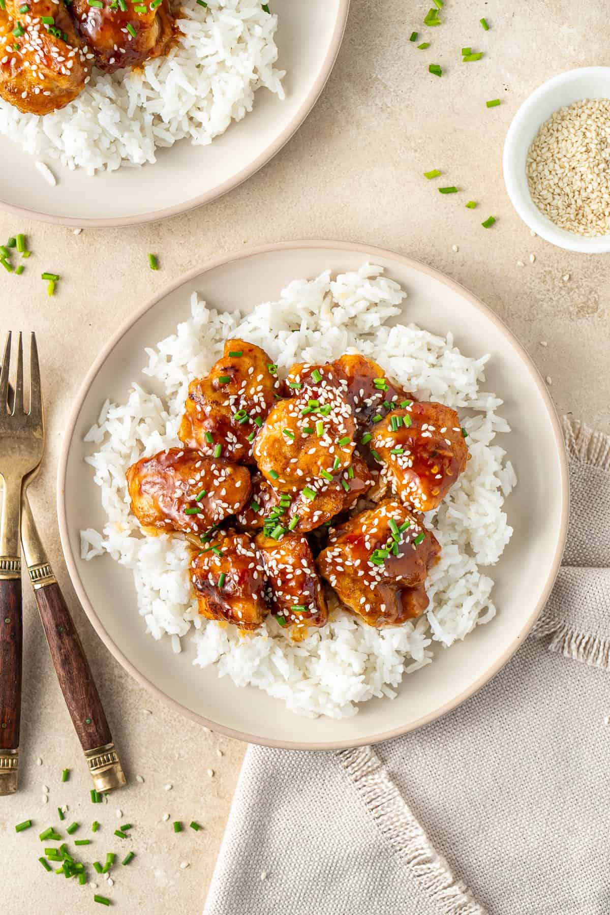 Sweet chilli chicken served in rice with sesame seeds and chopped chives.