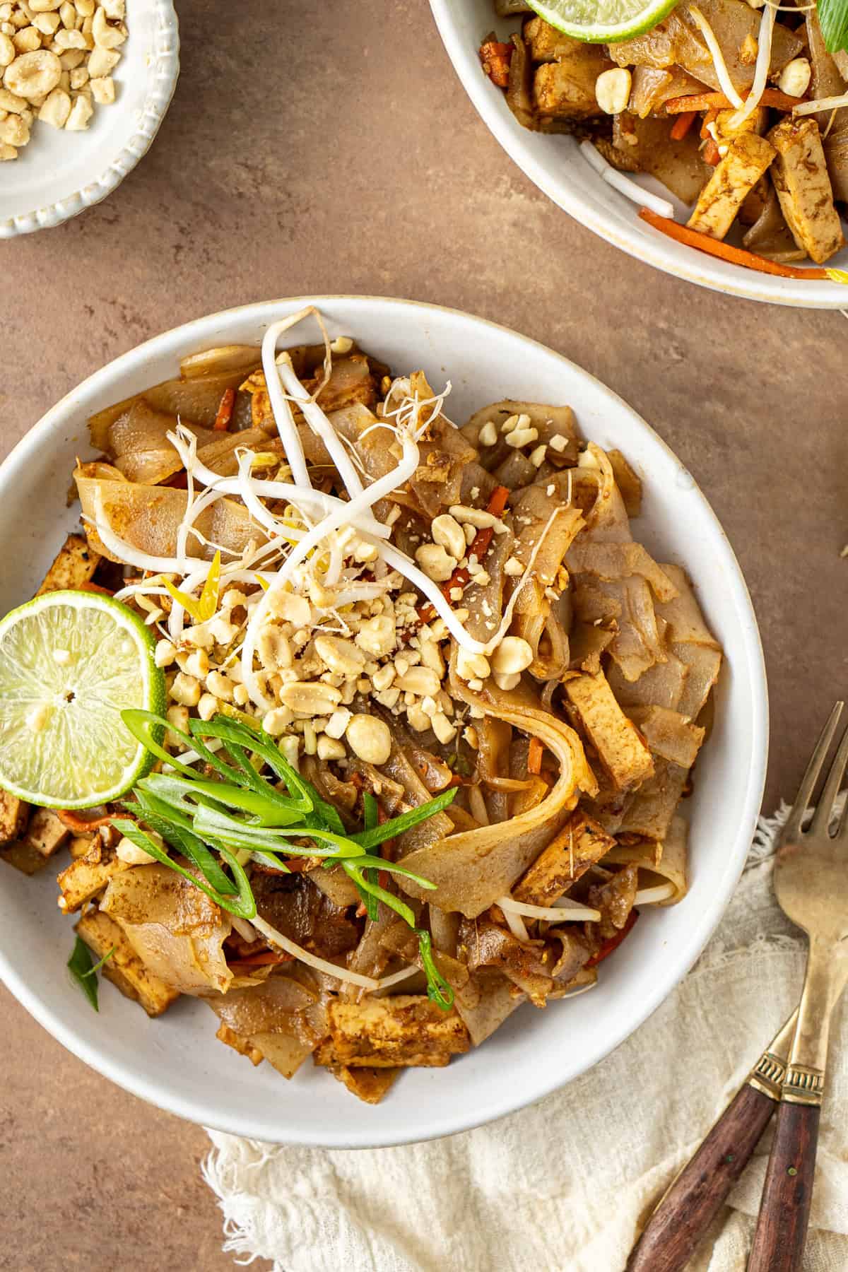 Close up of a bowl of Pad Thai with lots of garnishes.