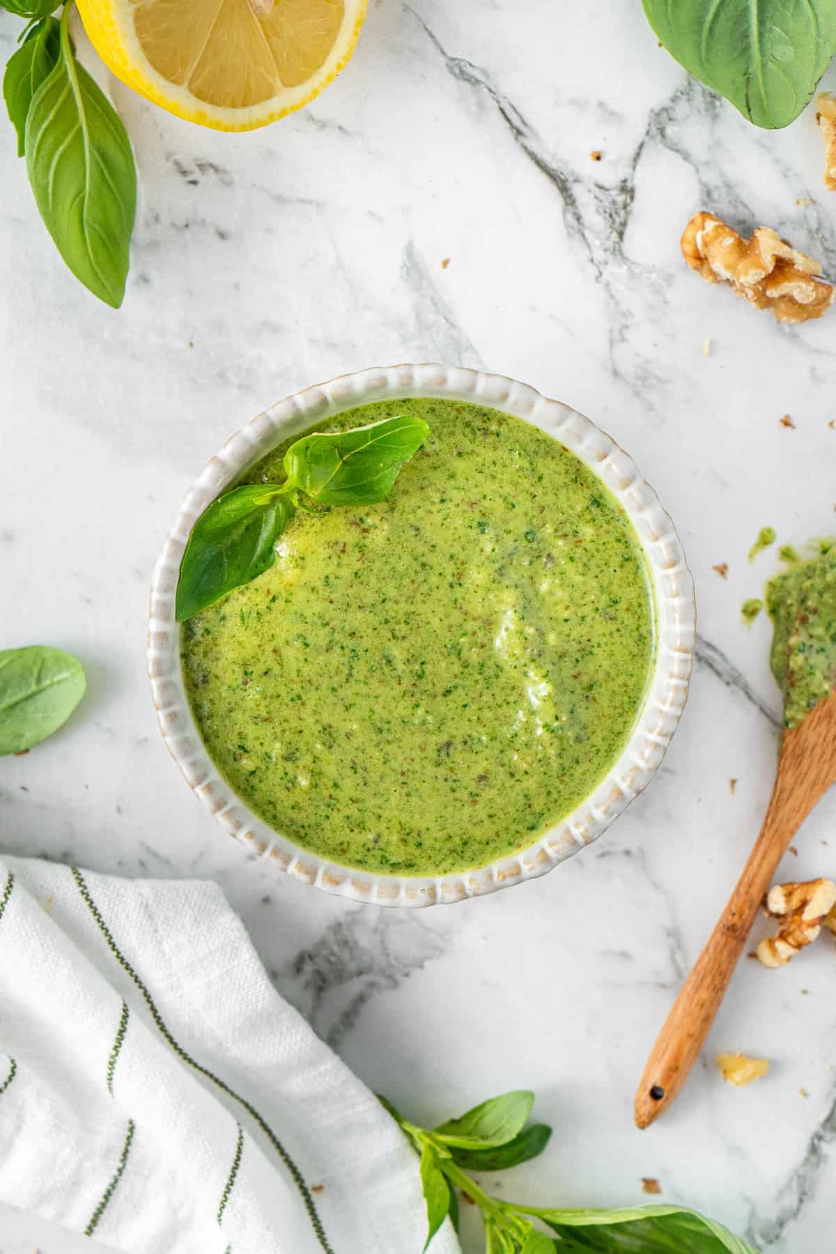 Homemade dairy free basil pesto in a bowl.