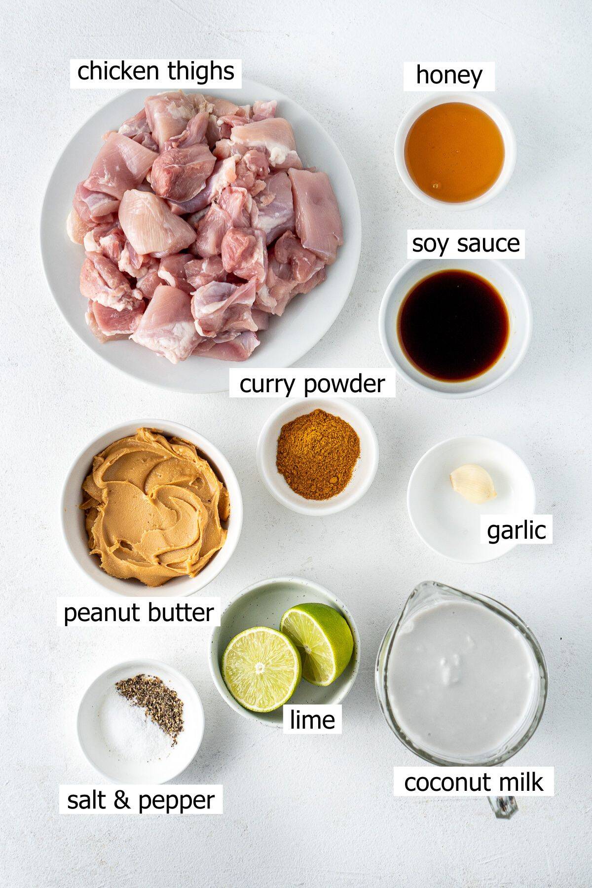All ingredients needed to make satay chicken skewers.