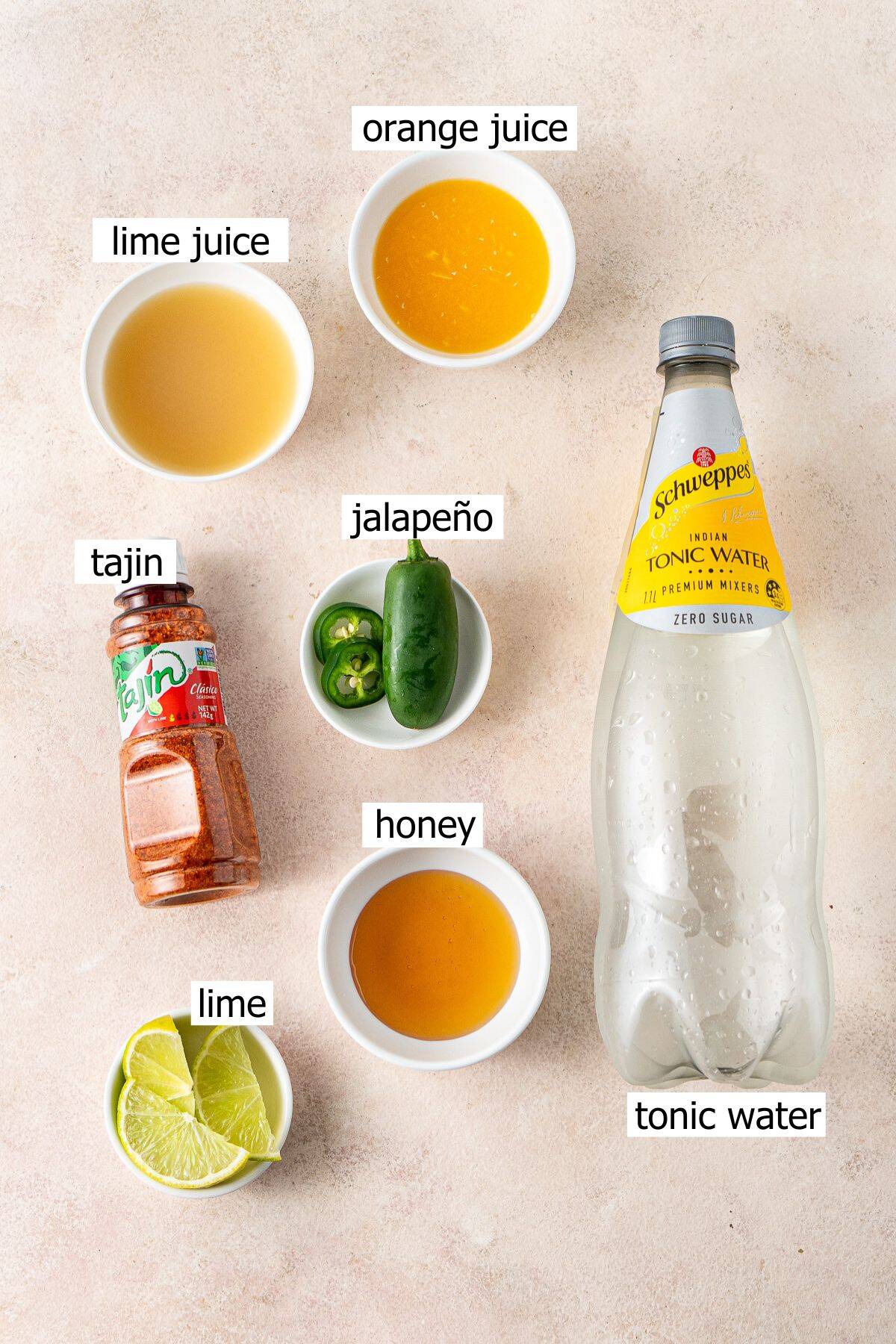 All ingredients needed to make a spicy margarita mocktail laid out.
