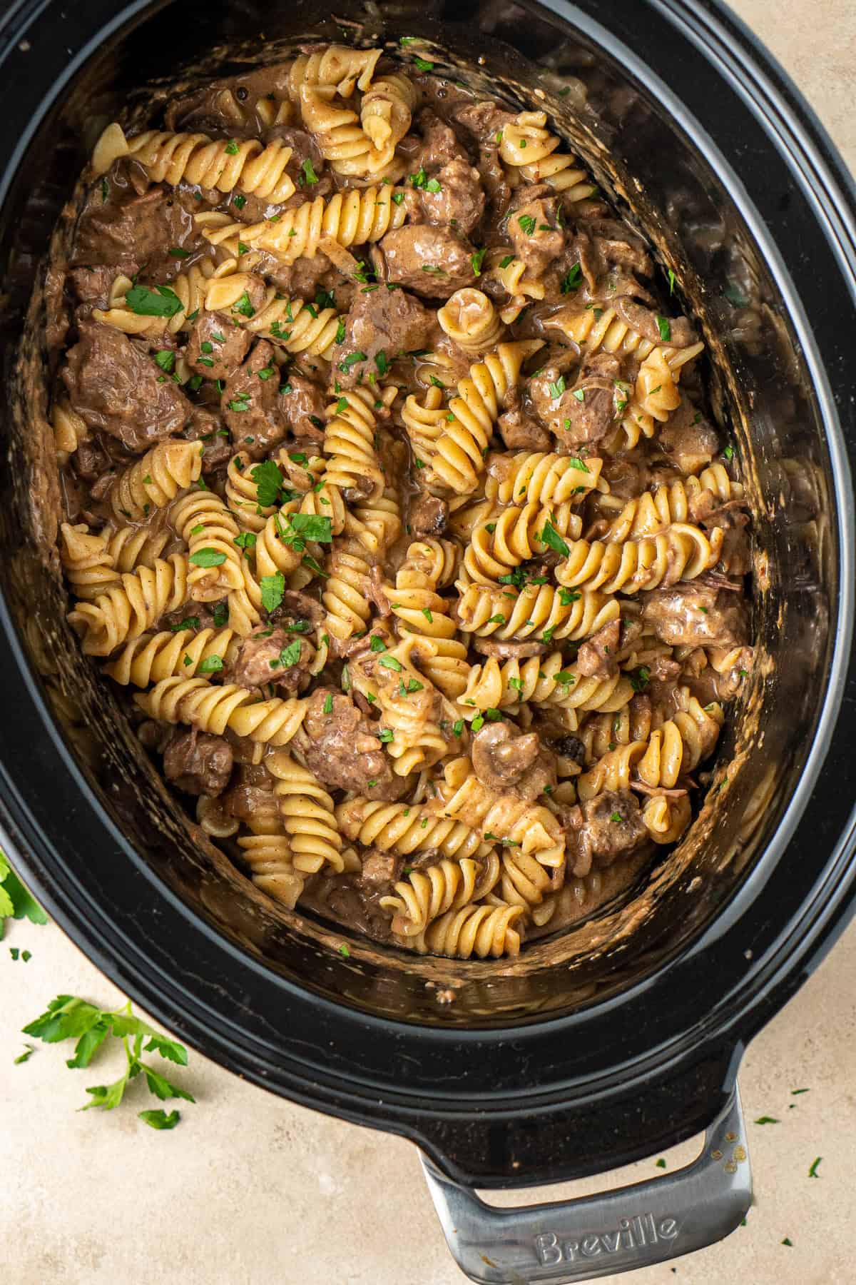 The beef stroganoff in the slow cooker with the pasta.