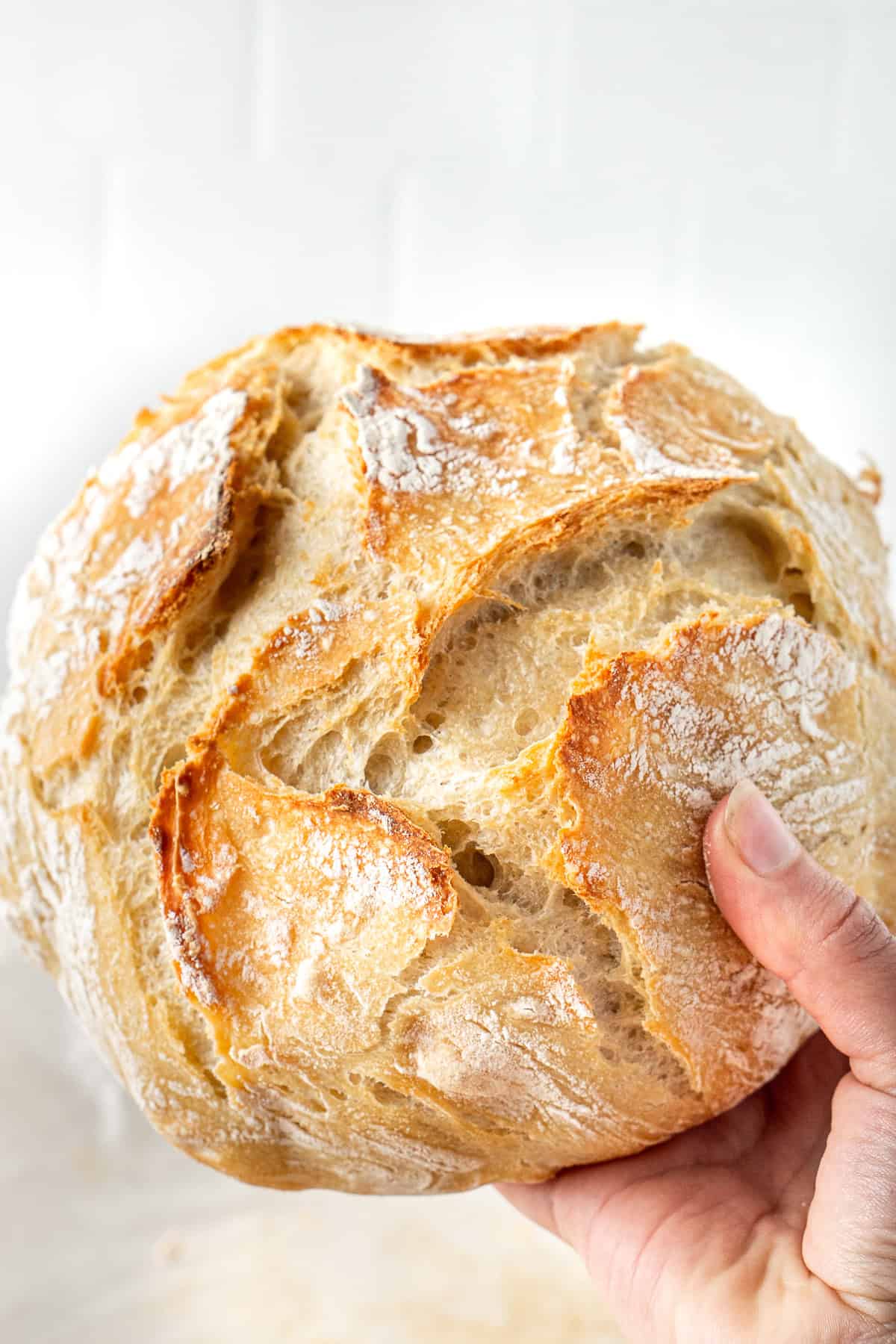 A hand holding up a loaf of no knead bread.